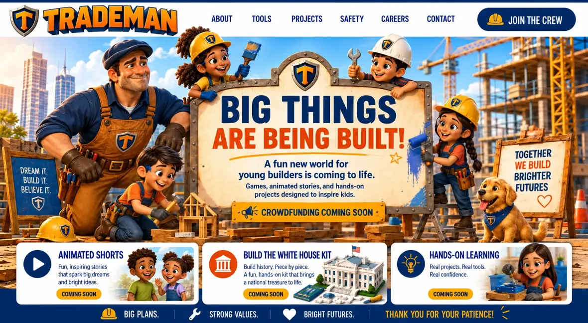 Big things are being built — children in hard hats paint and build around a jobsite sign, with a crowdfunding coming soon banner and three cards: animated shorts, build the White House kit, and hands-on learning.