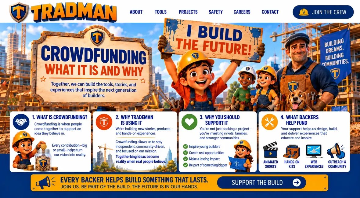 Crowdfunding — what it is and why. A child holds an I build the future sign, beside four cards: what crowdfunding is, why Trademan is using it, why you should support it, and what backers help fund.