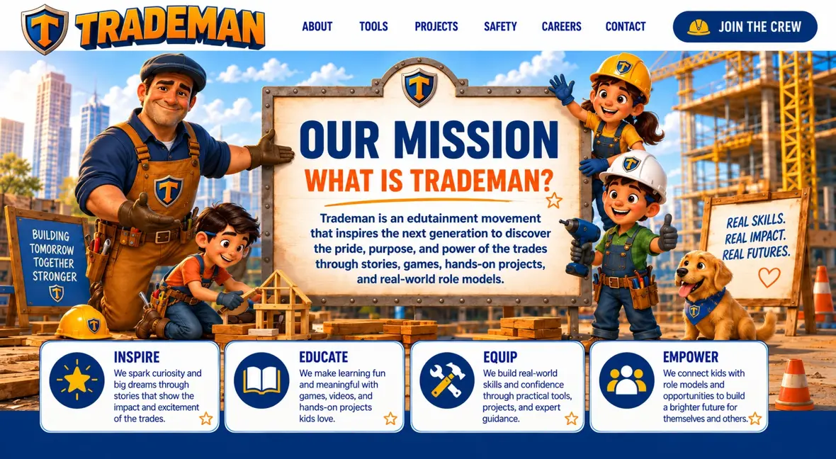 Our Mission — what is Trademan? A tradesman and children at a jobsite sign, with four cards: inspire, educate, equip and empower.