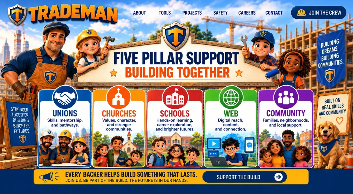 Five pillar support — building together. Five colour-coded pillars: unions, churches, schools, web and community.