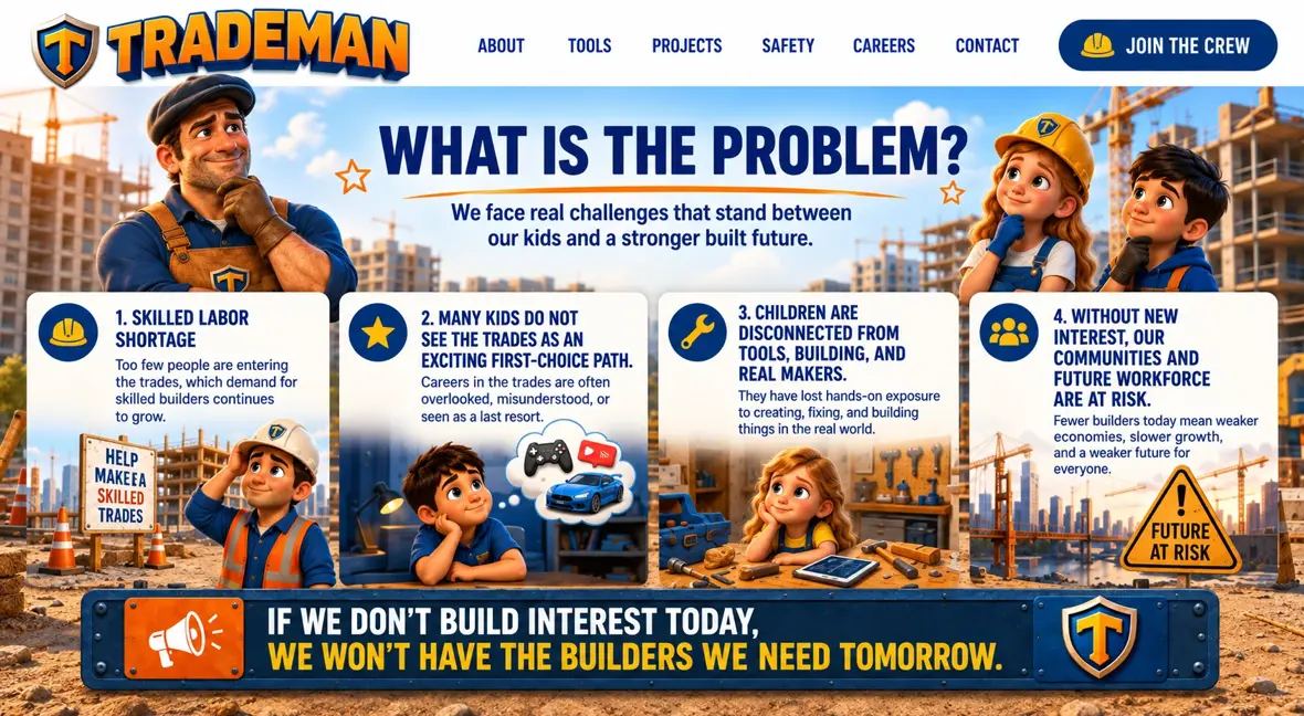 What is the problem? Four cards — skilled labor shortage, kids not seeing the trades as a first-choice path, children disconnected from tools and real makers, and communities and the future workforce at risk.