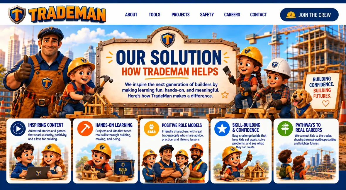 Our Solution — how Trademan helps. Five cards: inspiring content, hands-on learning, positive role models, skill-building and confidence, and pathways to real careers.